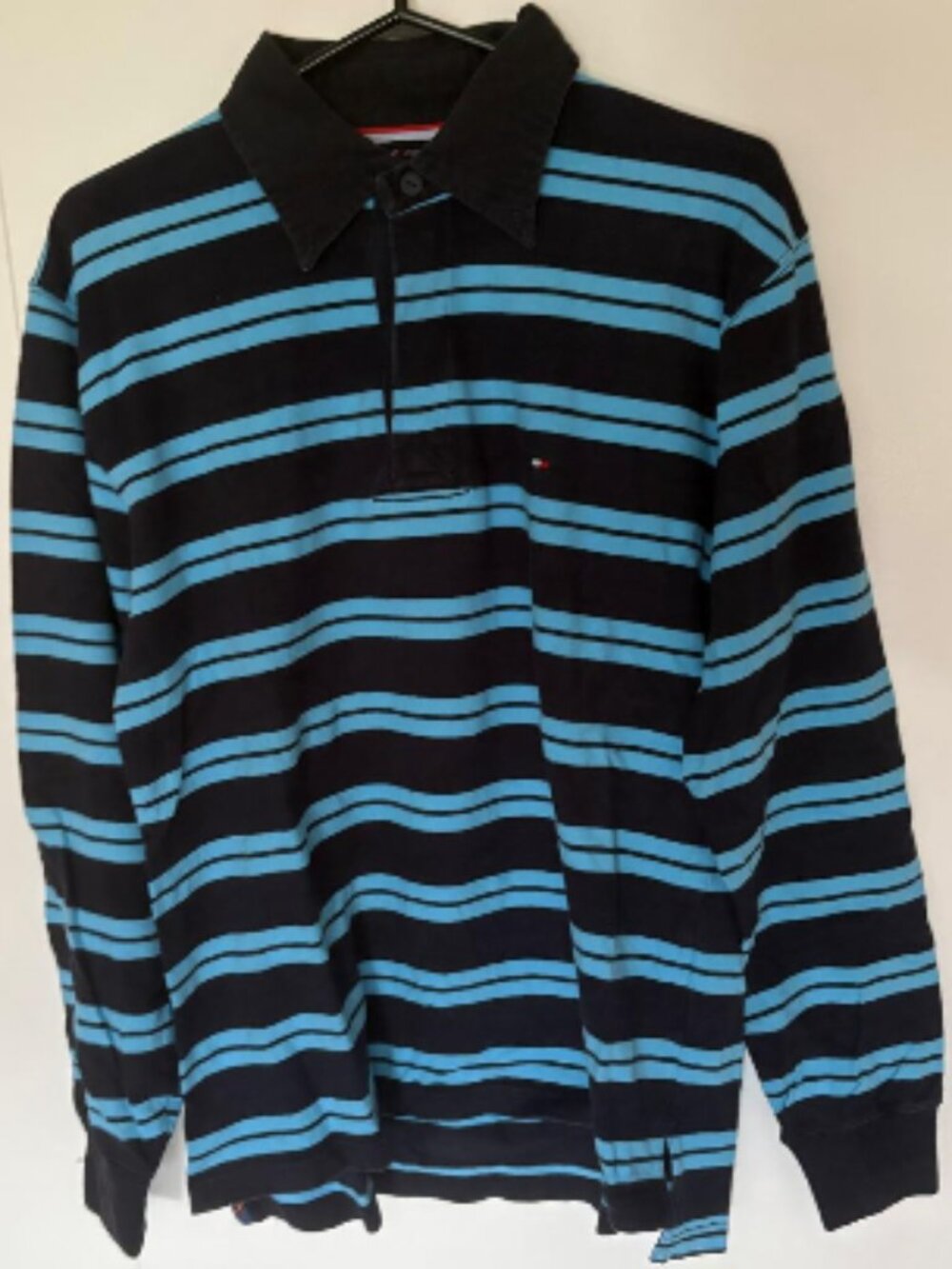 Black/Blue Striped Long-Sleeved Polo with Stitched Lettering -Tommy Hilfiger
